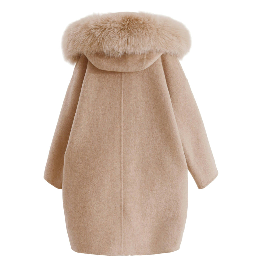 Champagne Wool Coat with Faux Fur Hood