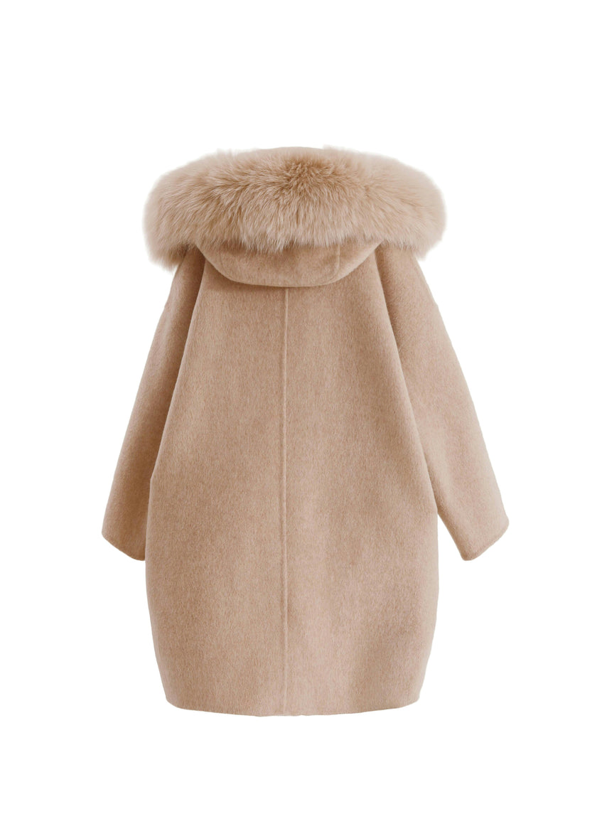 Champagne Wool Coat with Faux Fur Hood