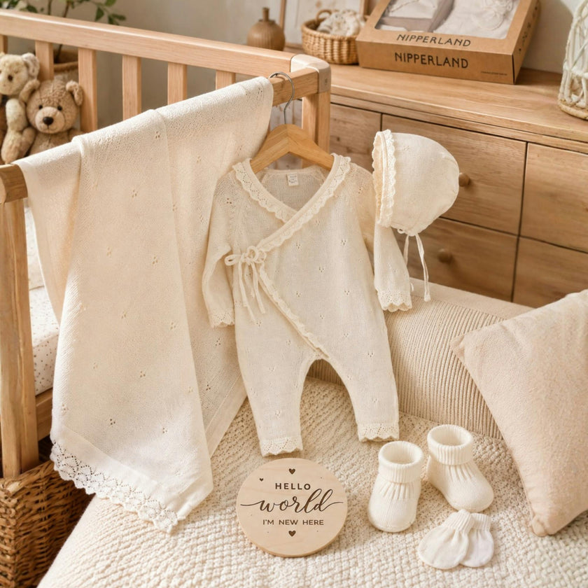 Baby Girl Organic Cotton Coming Home Outfit + Custom Wooden Name Sign Gift