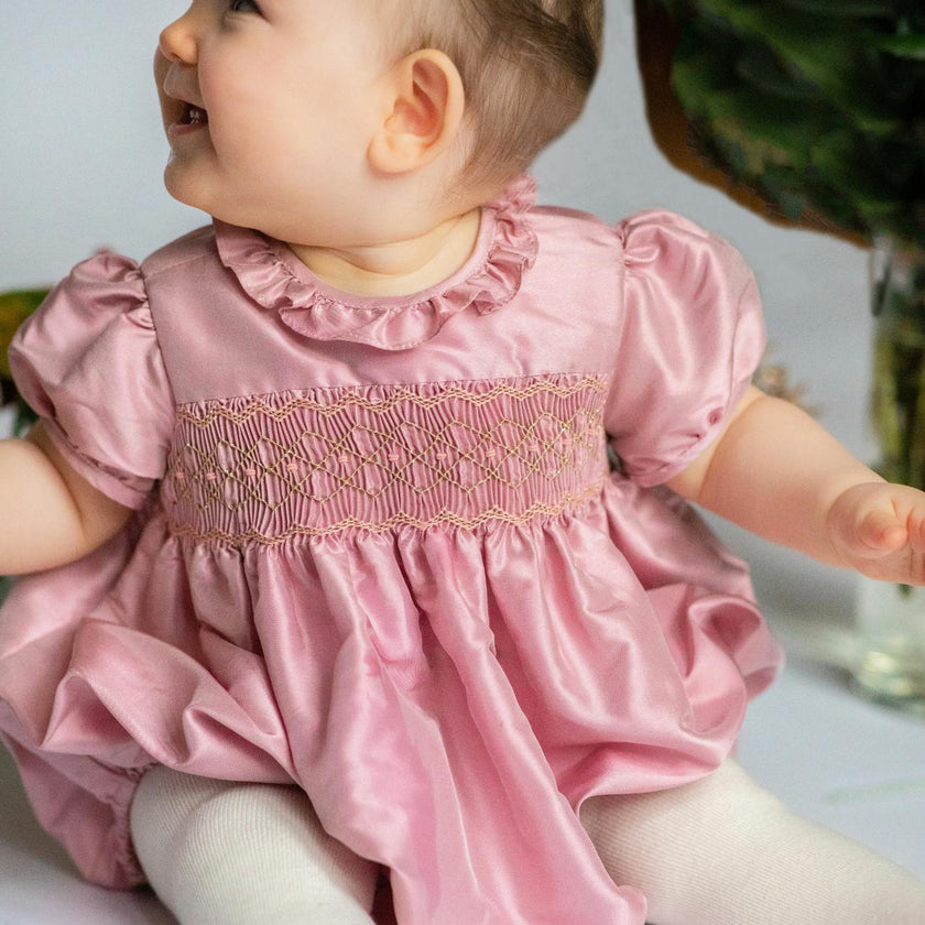 Astrid Pink Silk Smocked Baby Bubble