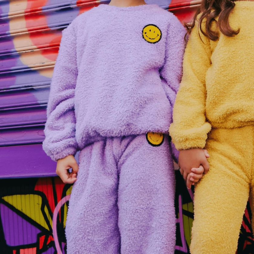 Bright Smiley Fuzzy Sweatshirt And Pant Set