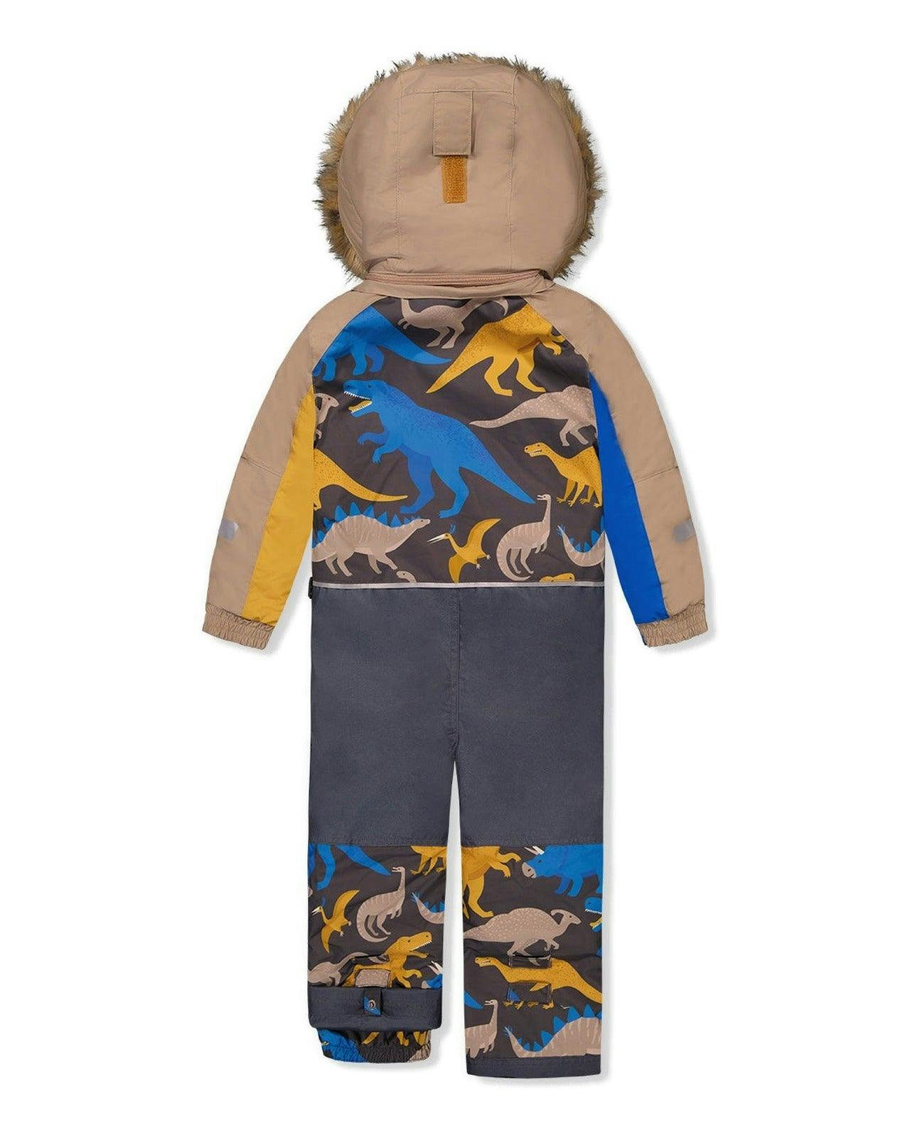 Kids One Piece Play Snowsuit Grey And Blue Dinosaur Print