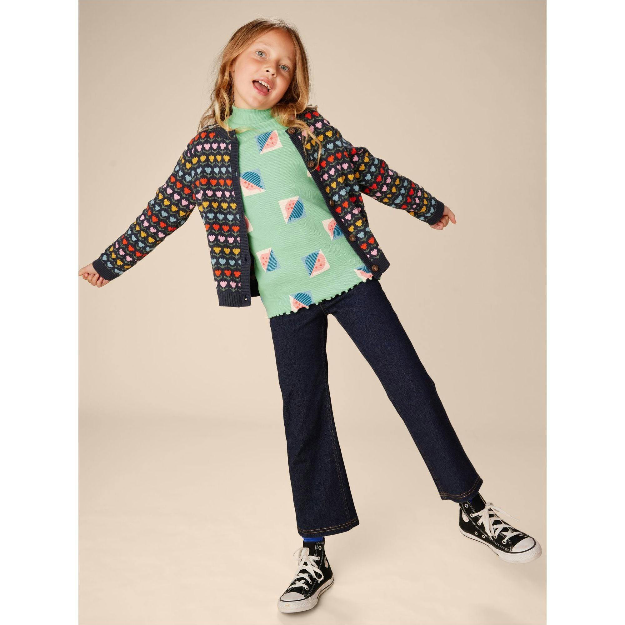 Modern Print Ribbed Long Sleeve Mock Neck Top, Multi