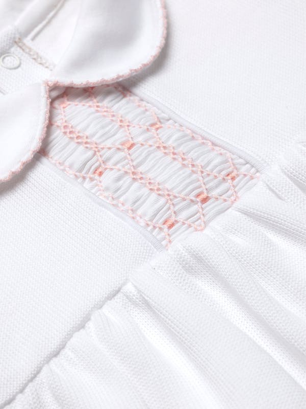 Clara Hand Smocked Special Knit Bubble | White/Lt Pink