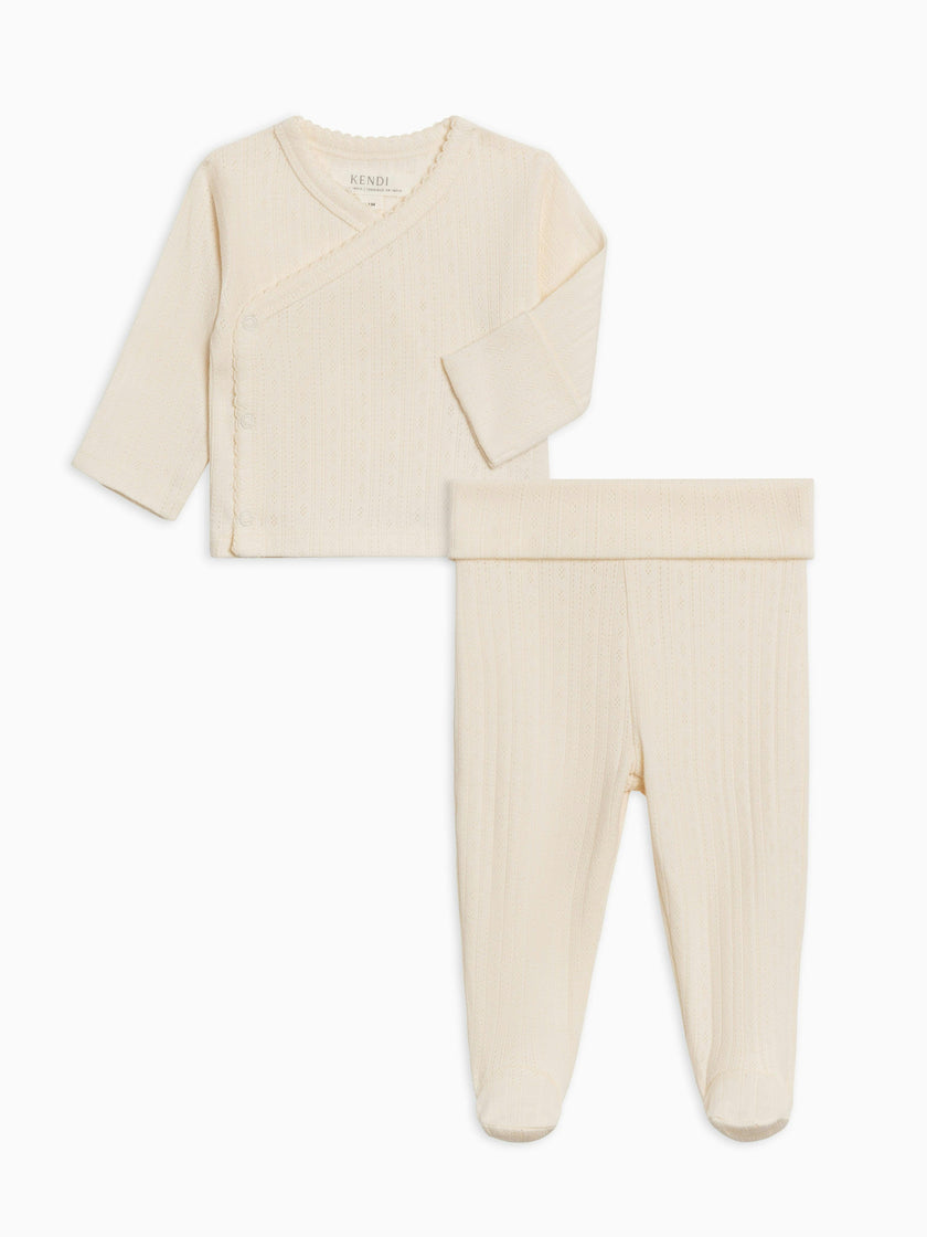 2-Piece Lacey Brushed Back Pointelle Kimono Top and Pant Set
