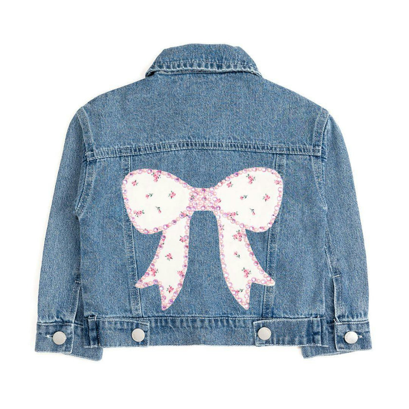 Pearl and Gemstone Floral Bow Patch Denim Jacket
