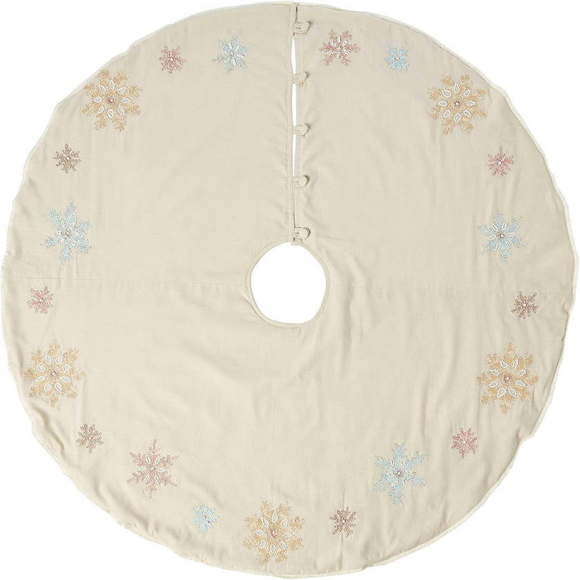 Handmade Pastel Snowflakes Linen Christmas Tree Skirt Natural 60"