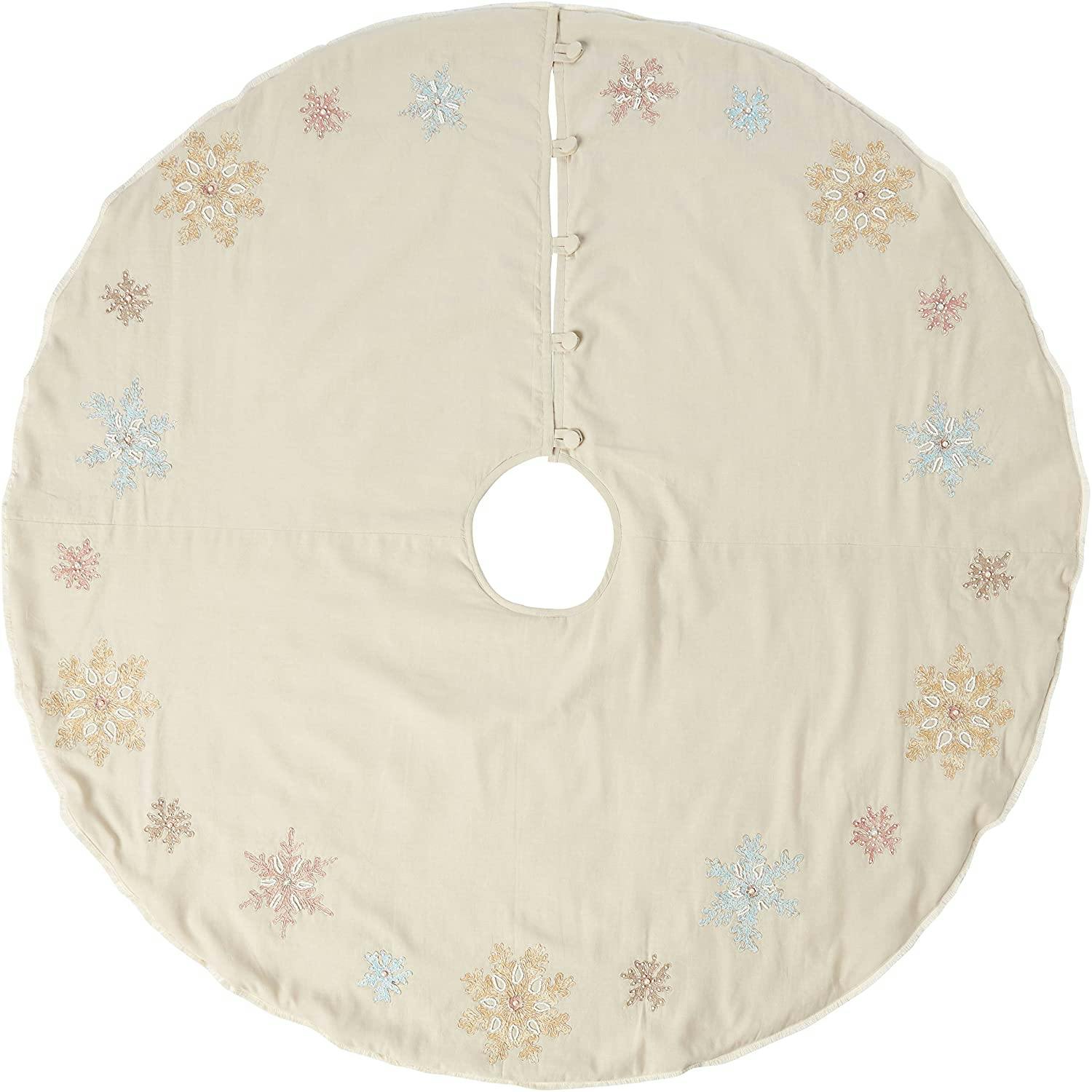 Handmade Pastel Snowflakes Linen Christmas Tree Skirt Natural 60