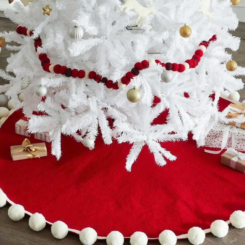 Handmade Christmas Tree Skirt Felt - Pom Poms Red 63" / 72" Arcadia Home