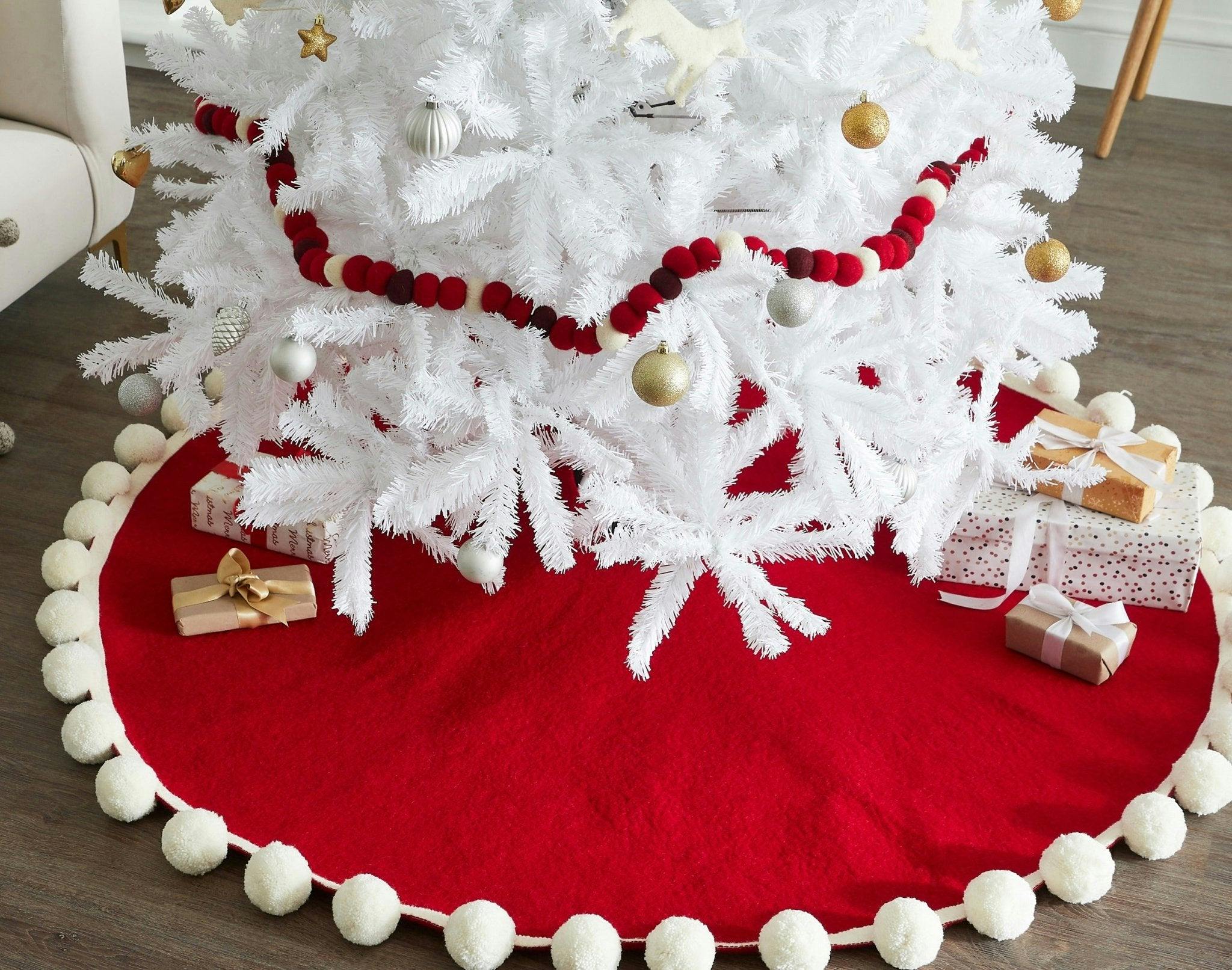 Handmade Christmas Tree Skirt Felt - Pom Poms Red 63