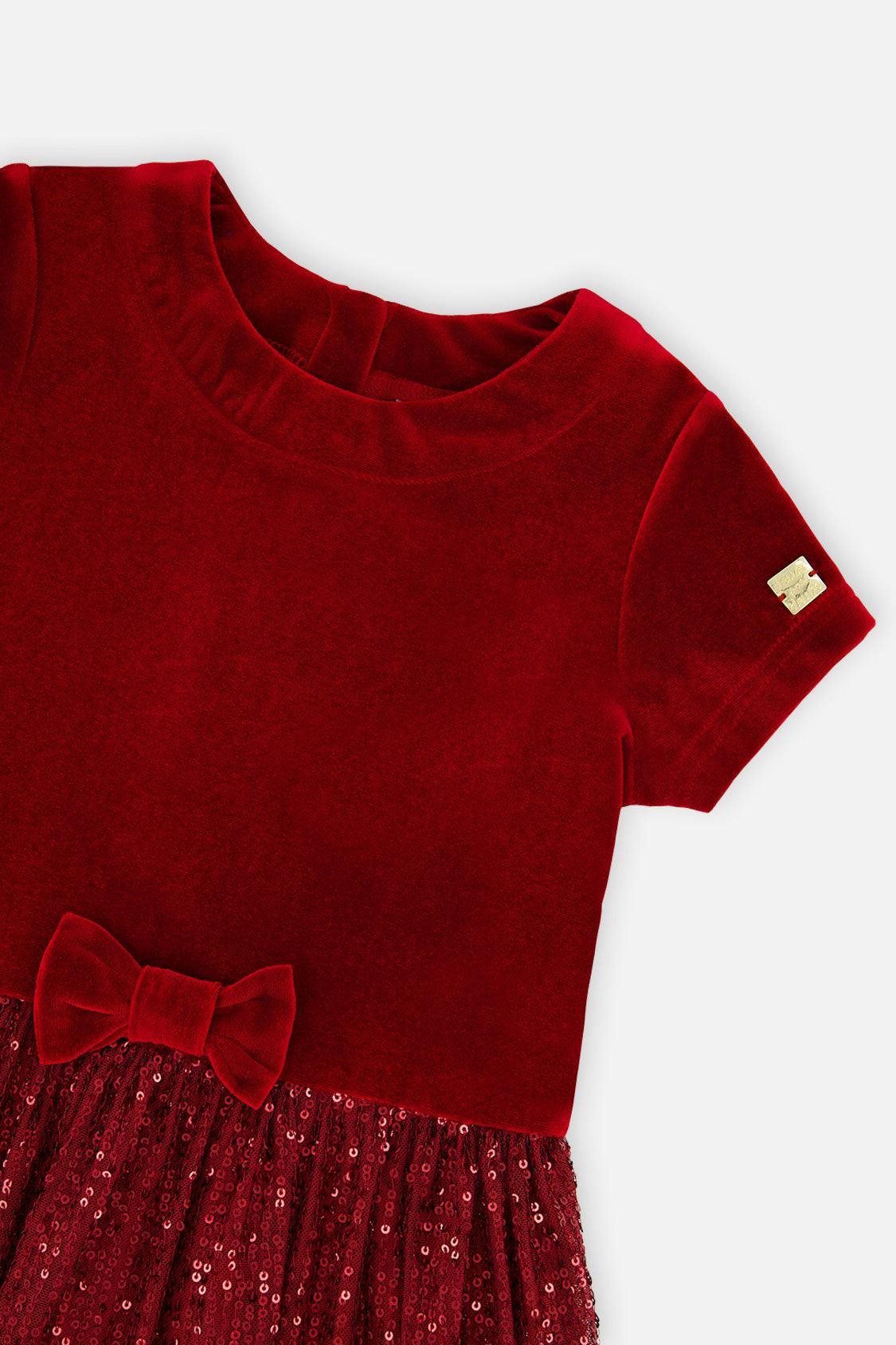 Bi-Material Short Sleeve Dress With Glittering Skirt Red