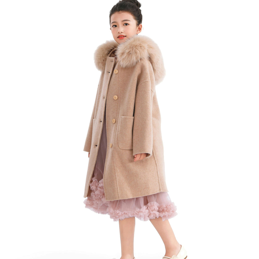 Champagne Wool Coat with Faux Fur Hood