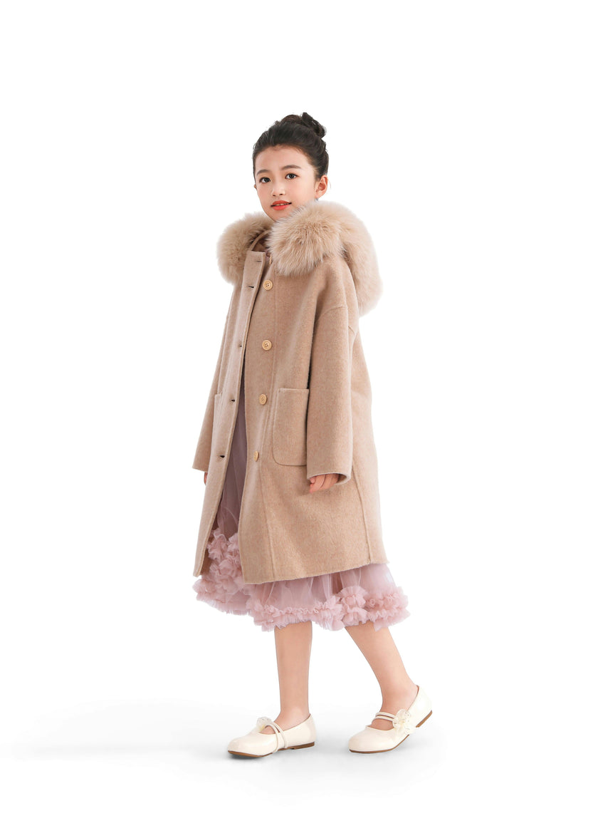 Champagne Wool Coat with Faux Fur Hood