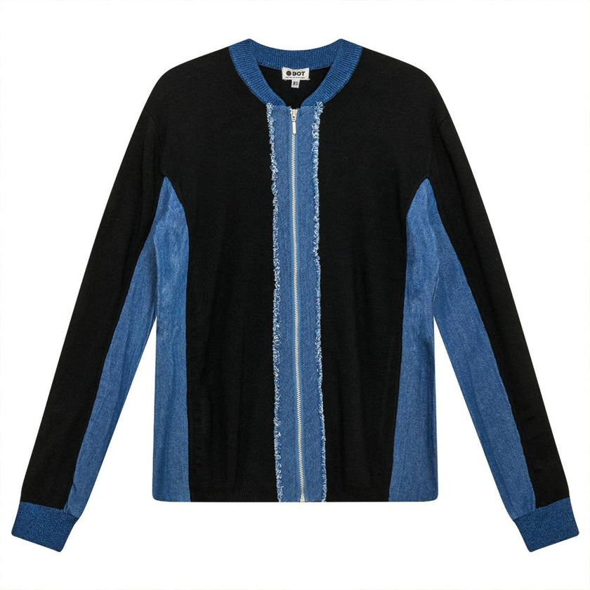 Ribbed Knit With Denim Trim Zip Up