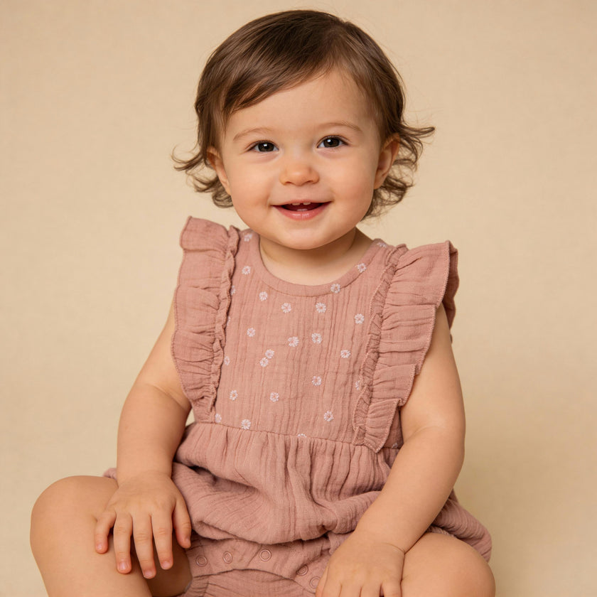 Organic Embroidered Ruffle Romper - Clay