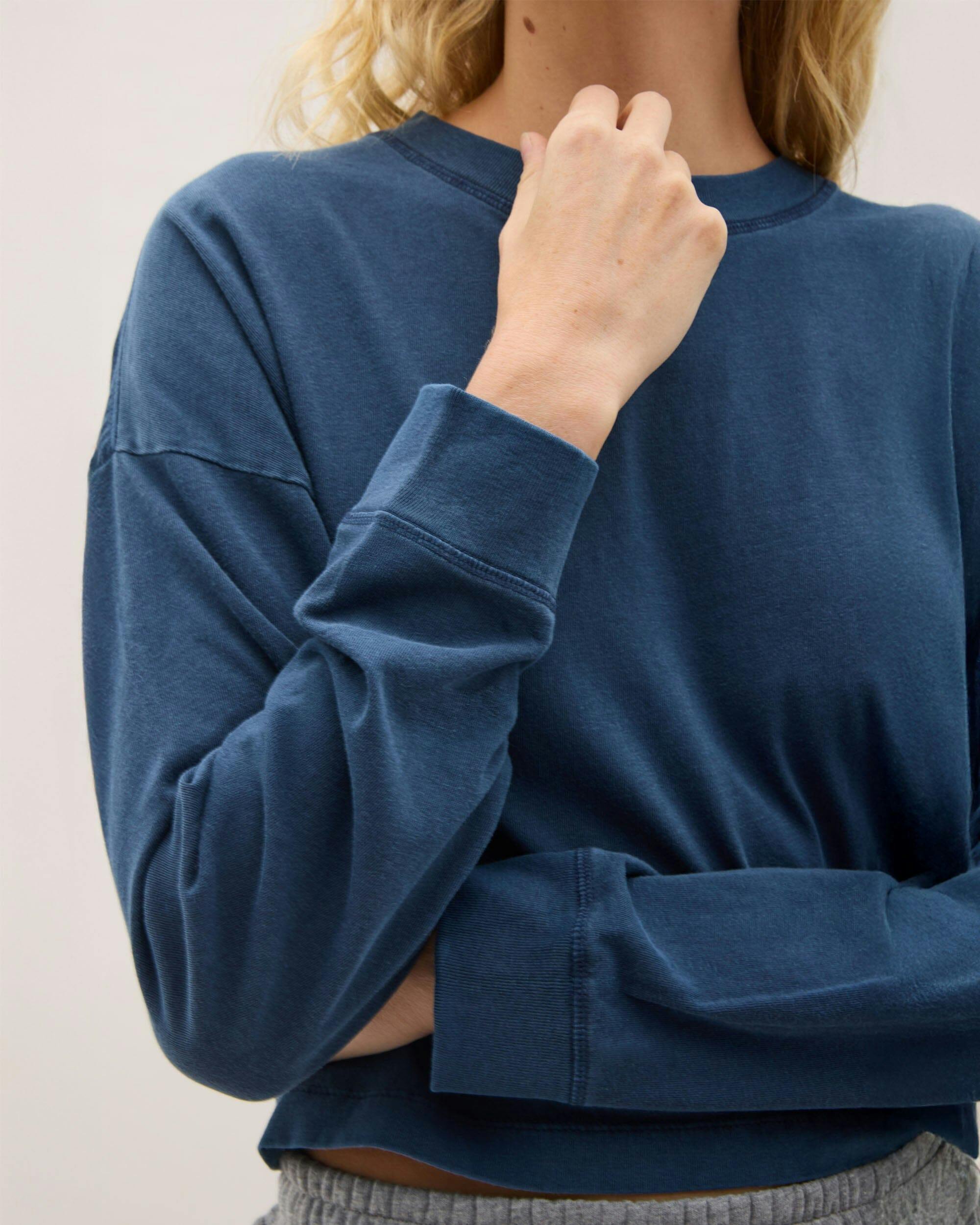 Womens Relaxed Crop Long Sleeve Tee - Pigment Dye Jersey - Moonlit Ocean