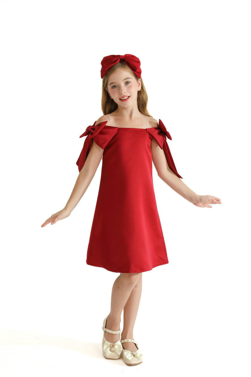 Red Luneta Off Shoulder Bow Dress
