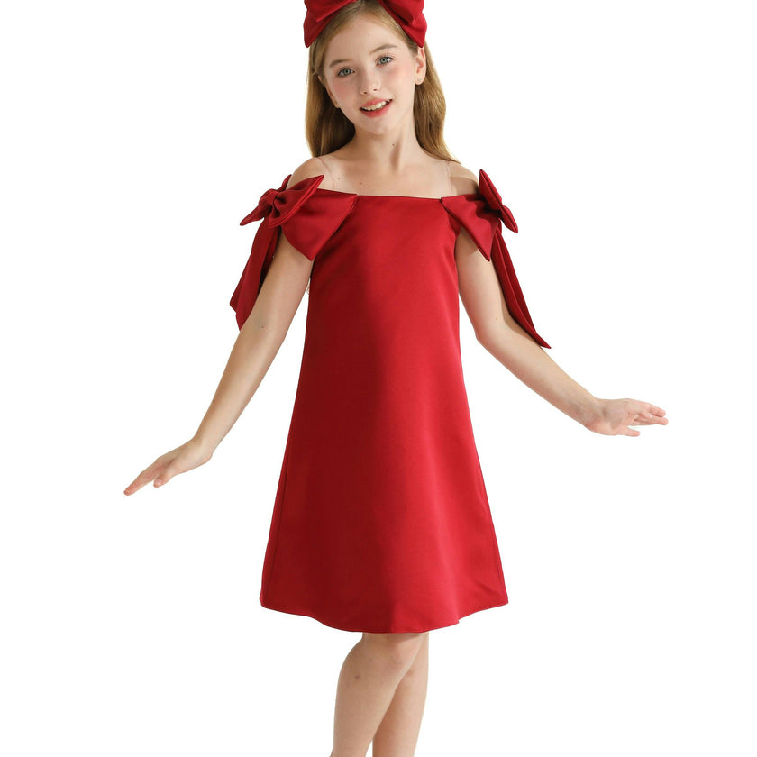 Red Luneta Off Shoulder Bow Dress