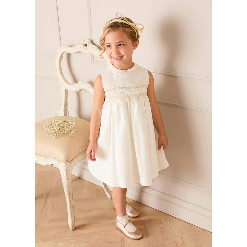 Hand Smocked Gold Embroidered Sleeveless Dress in Ivory (12mths- 10yrs)