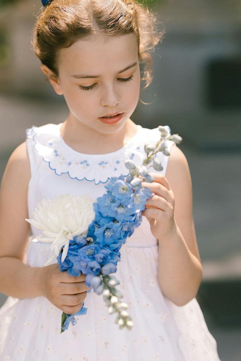 Cordelia White Linen Dress with Blue Tulle Embroidery