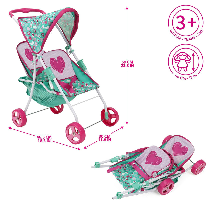 Mint Heart: Doll Stroller - Twin Tandem