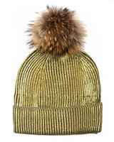Metallic Stamp Hat With Faux Fur Pom