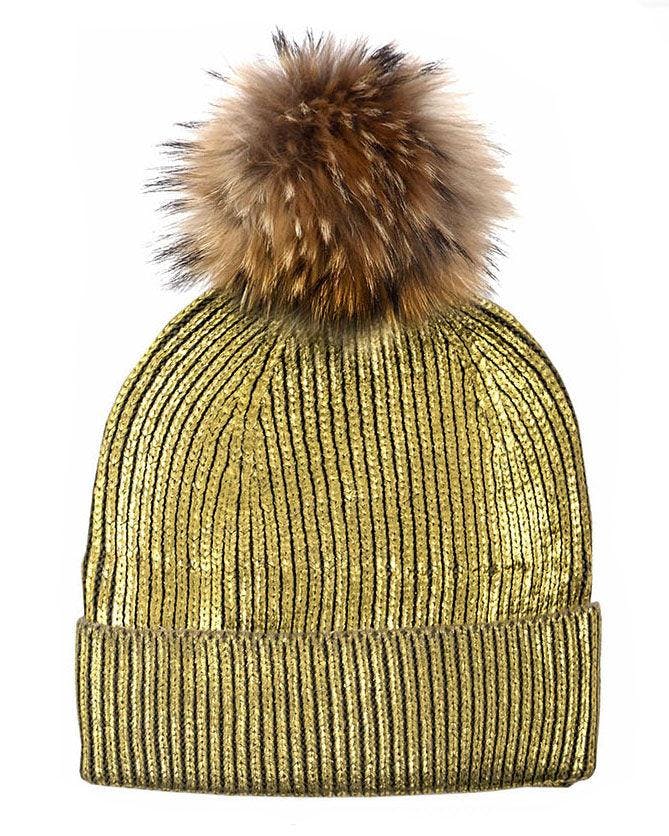 Metallic Stamp Hat With Faux Fur Pom