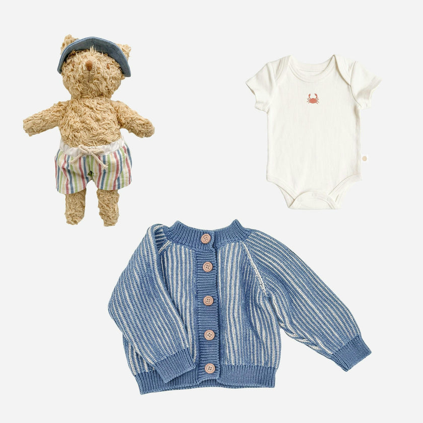 Set Eddie Bear Plush Toy Crab Onesie Blue Brioche Cardigan