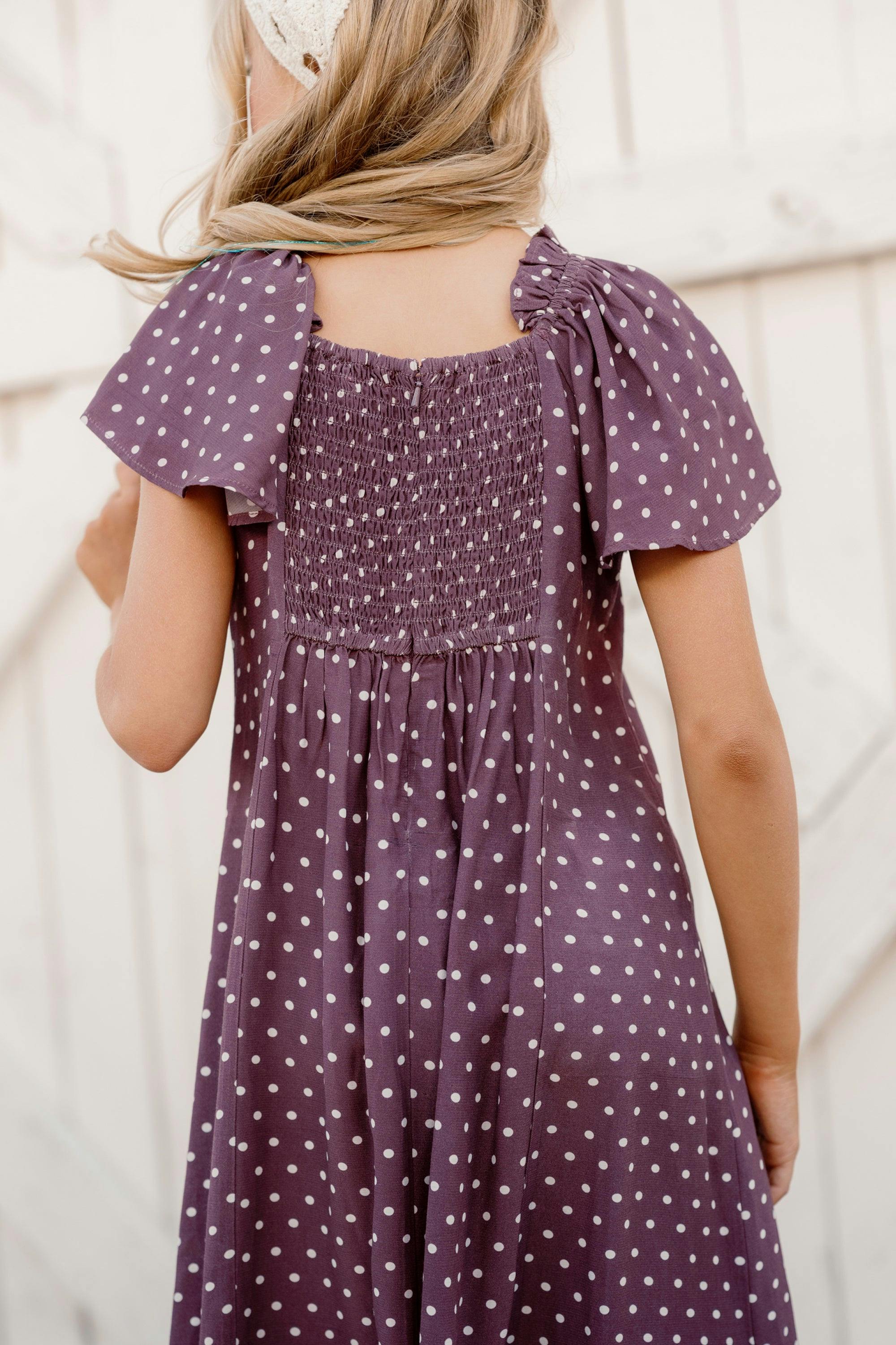 Teen Blakely Dress in Aubergine Ditsy Dot