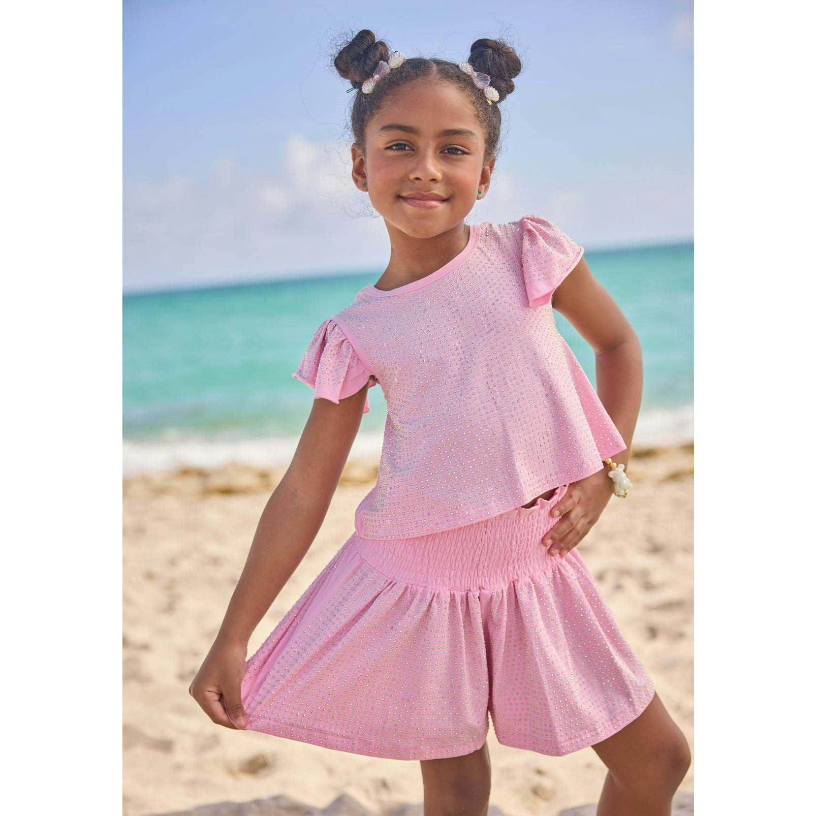 Pink Crystal Ruffle Short Set
