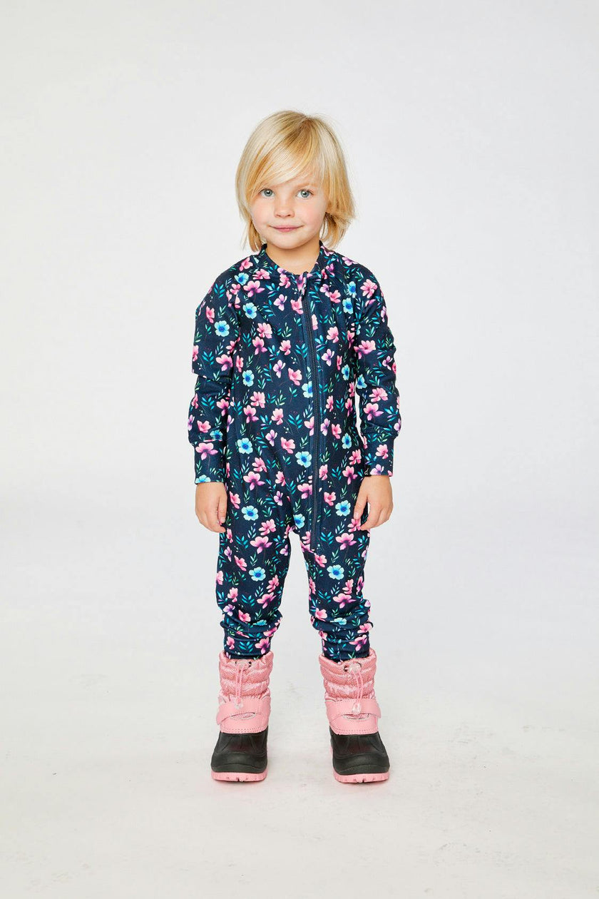 One Piece Thermal Underwear Blue Floral Print