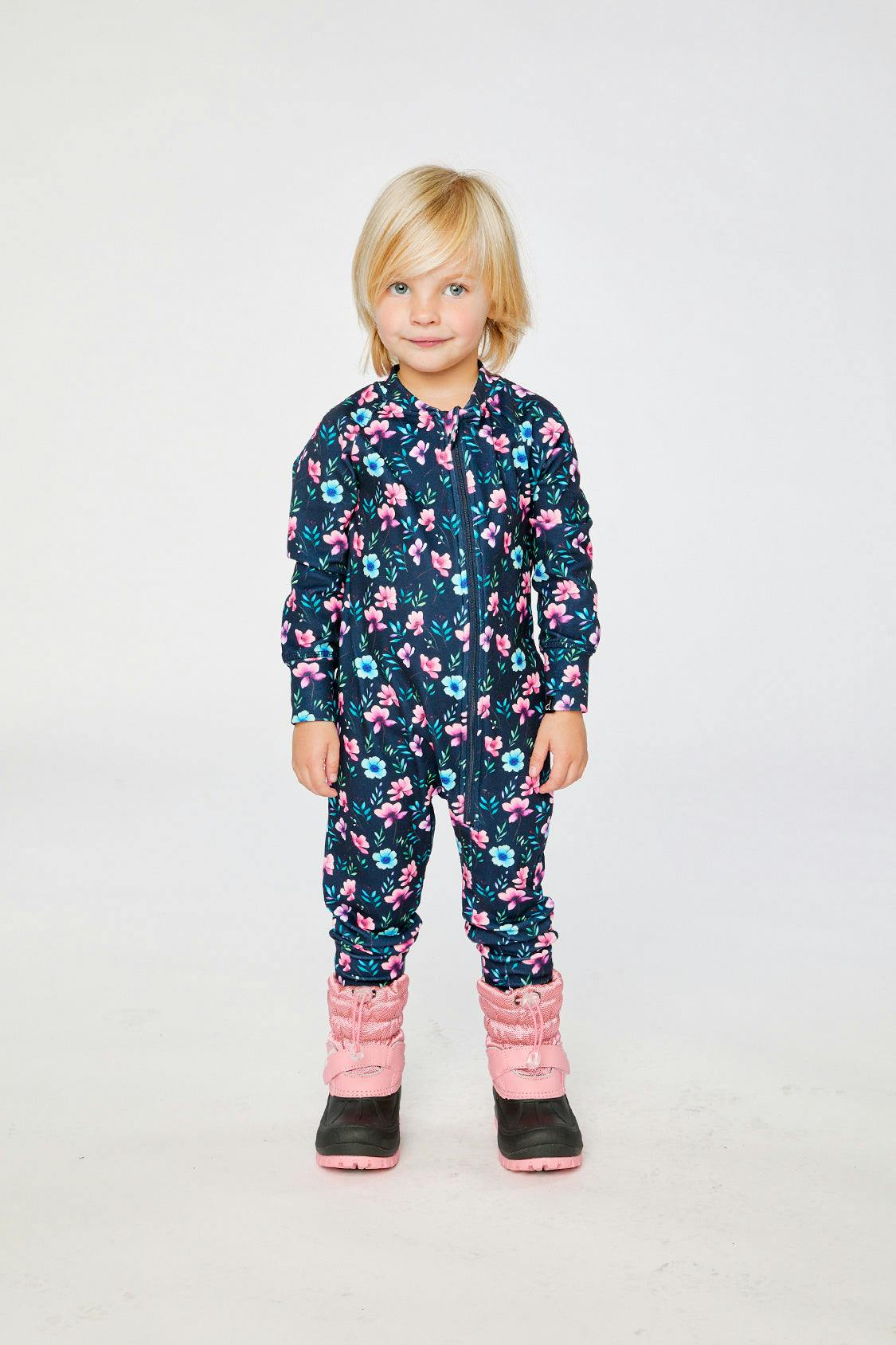 One Piece Thermal Underwear Blue Floral Print