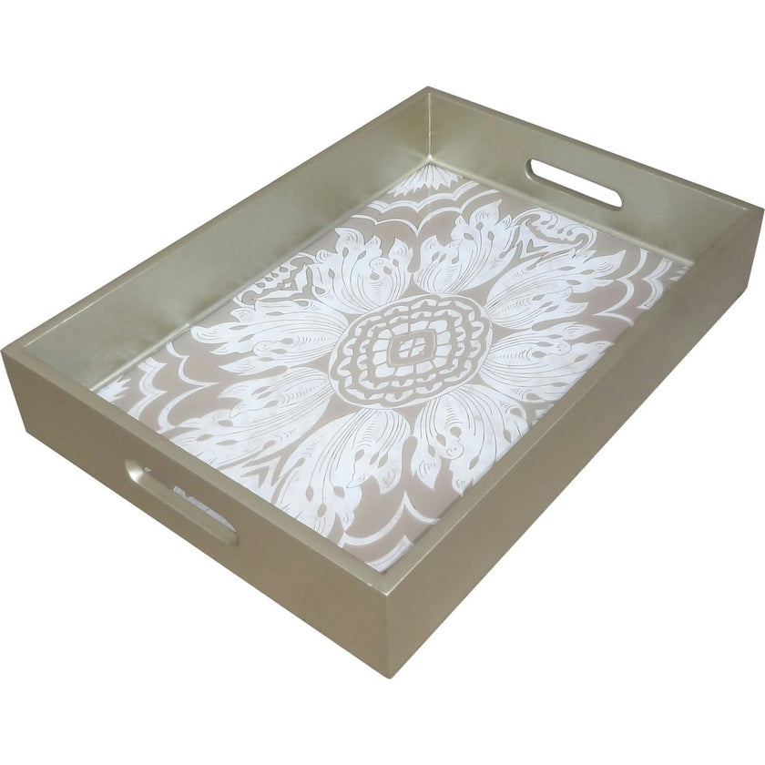 Handmade Reverse Painted Mirror Tray with Handles in Beige and Silver - Medium