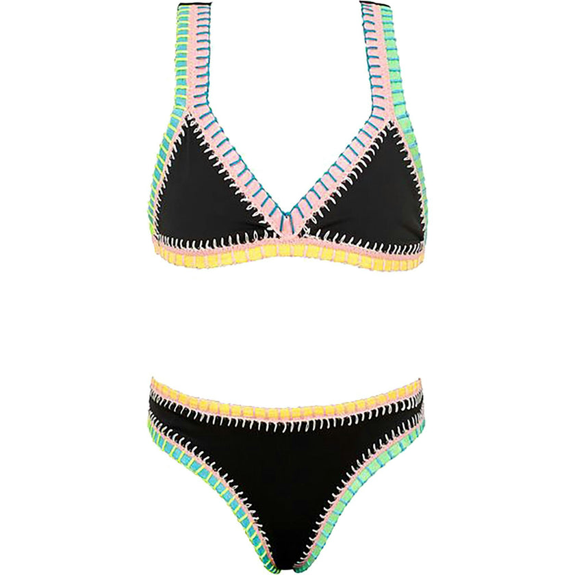 Rainbow Embroidered Elastic Two-Piece Bikini, Black
