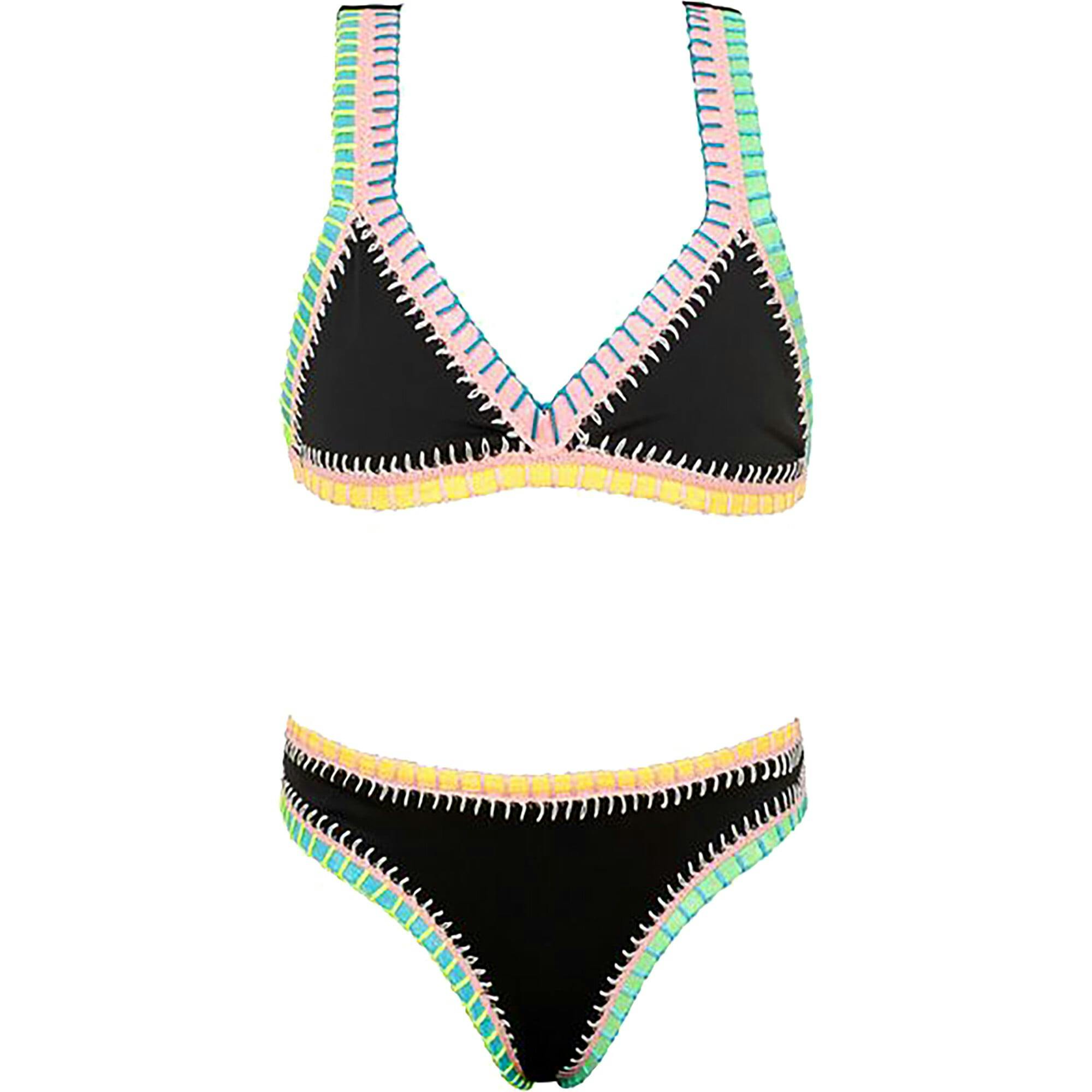 Rainbow Embroidered Elastic Two-Piece Bikini, Black