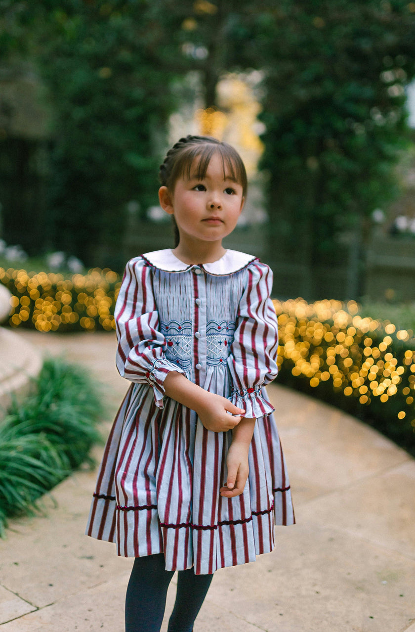MARINE STRIPE BLUE BURGUNDY SMOCKED DRESS