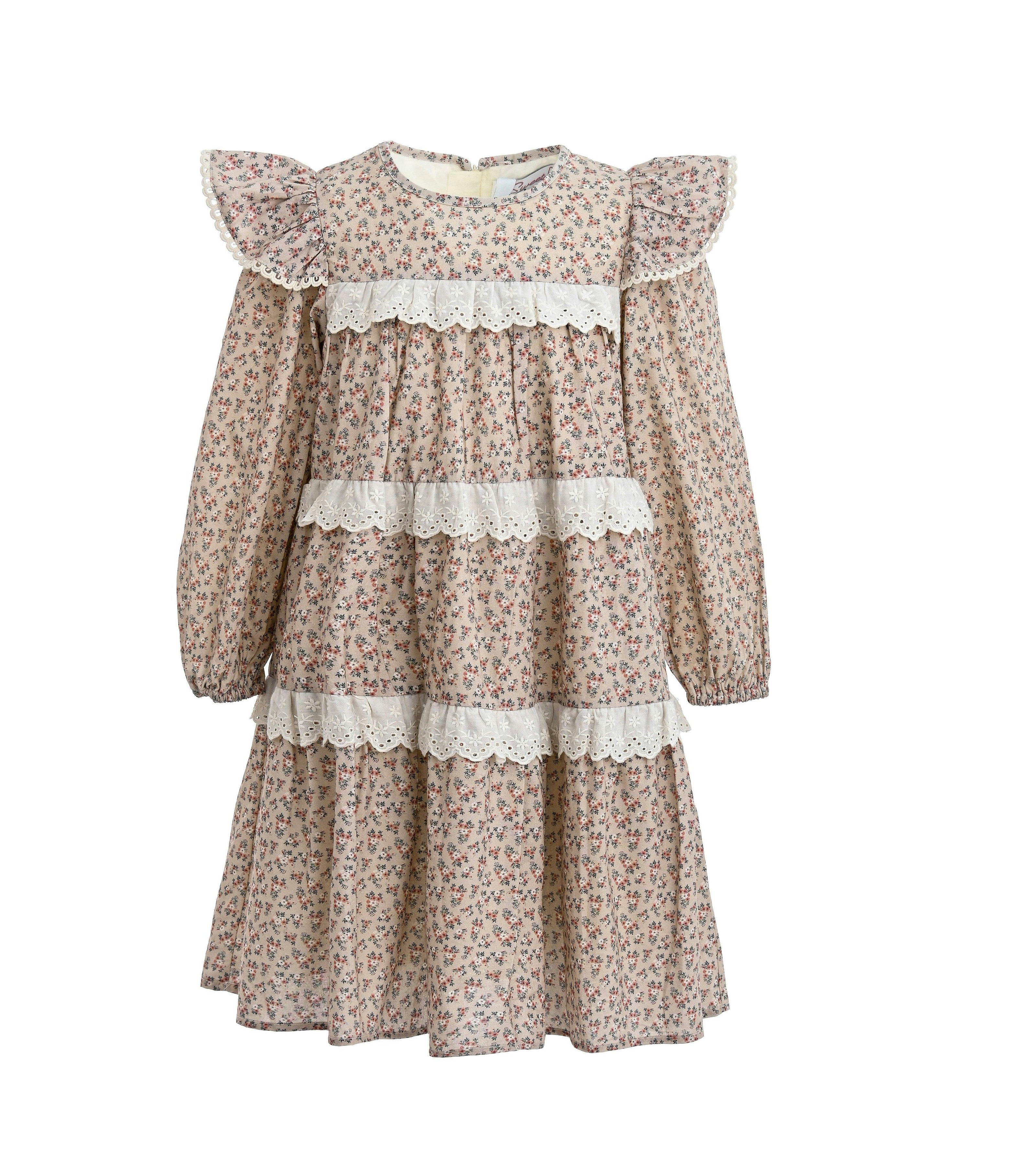 Beige Floral Lace Tiered Dress