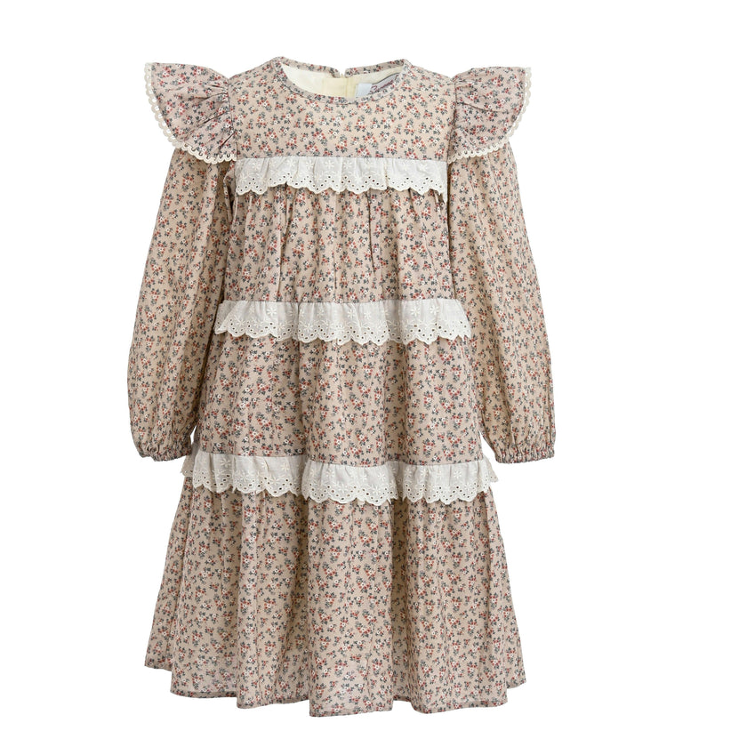 Beige Floral Lace Tiered Dress