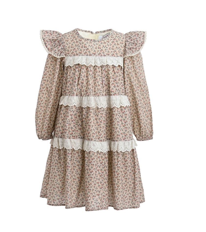 Beige Floral Lace Tiered Dress
