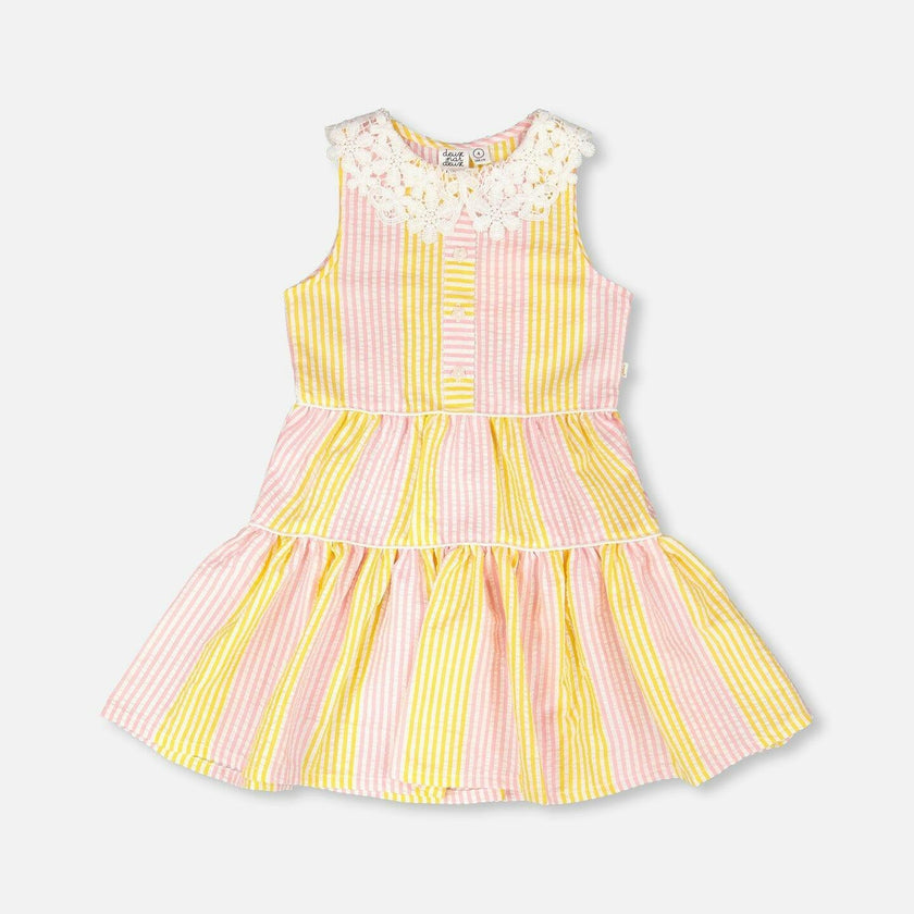 Sleeveless Dress With Crochet Peter Pan Collar Pink And Yellow Stripes