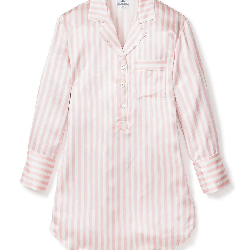 Women's Silk Nightshirt in Pink Stripe