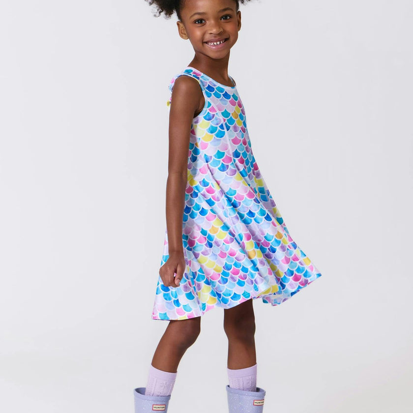 Girls Hi-Shine Skater Dress in Watercolor Mermaid