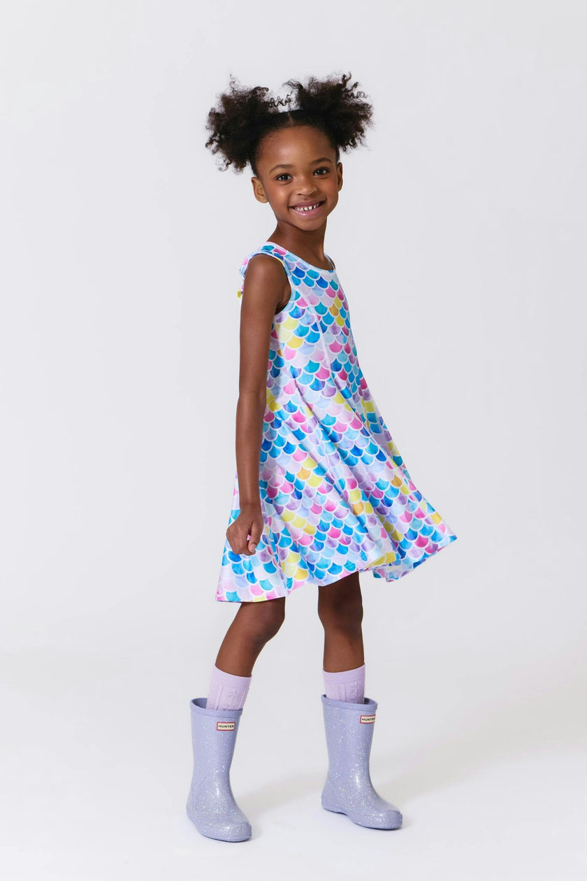Girls Hi-Shine Skater Dress in Watercolor Mermaid