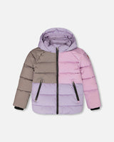 Colorblocked Puffy Winter Coat Purple Gray