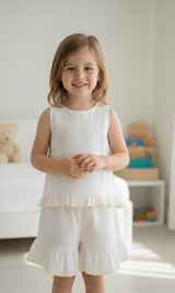 Shorts and Top with Ruffle Edge White with Pale Yellow