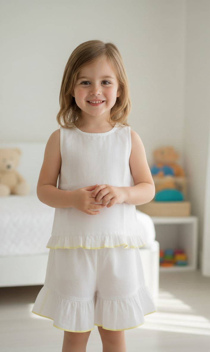 Shorts and Top with Ruffle Edge White with Pale Yellow