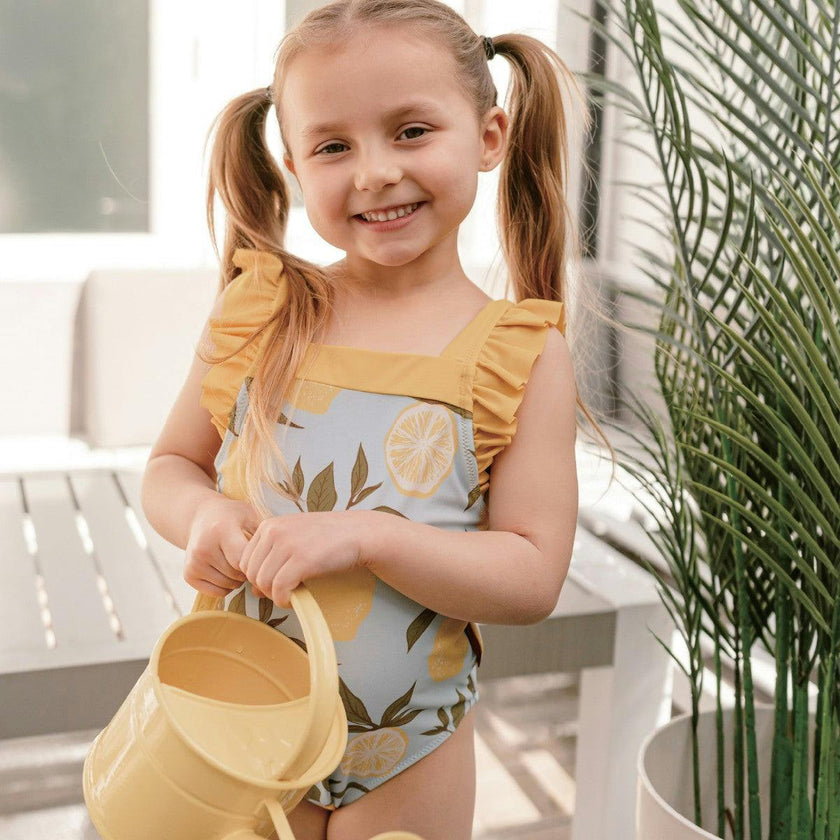 Yellow Gingham Ruffle Square Neck Swimsuit
