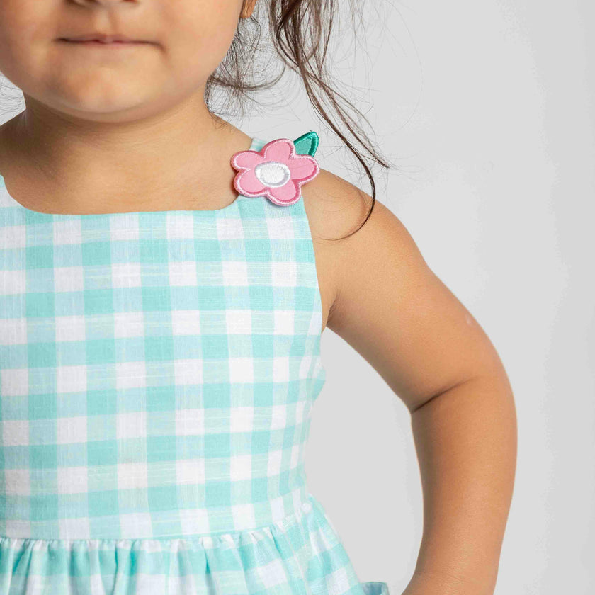 Gingham Linen-Look Dress With Flowers