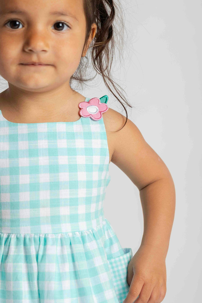 Gingham Linen-Look Dress With Flowers