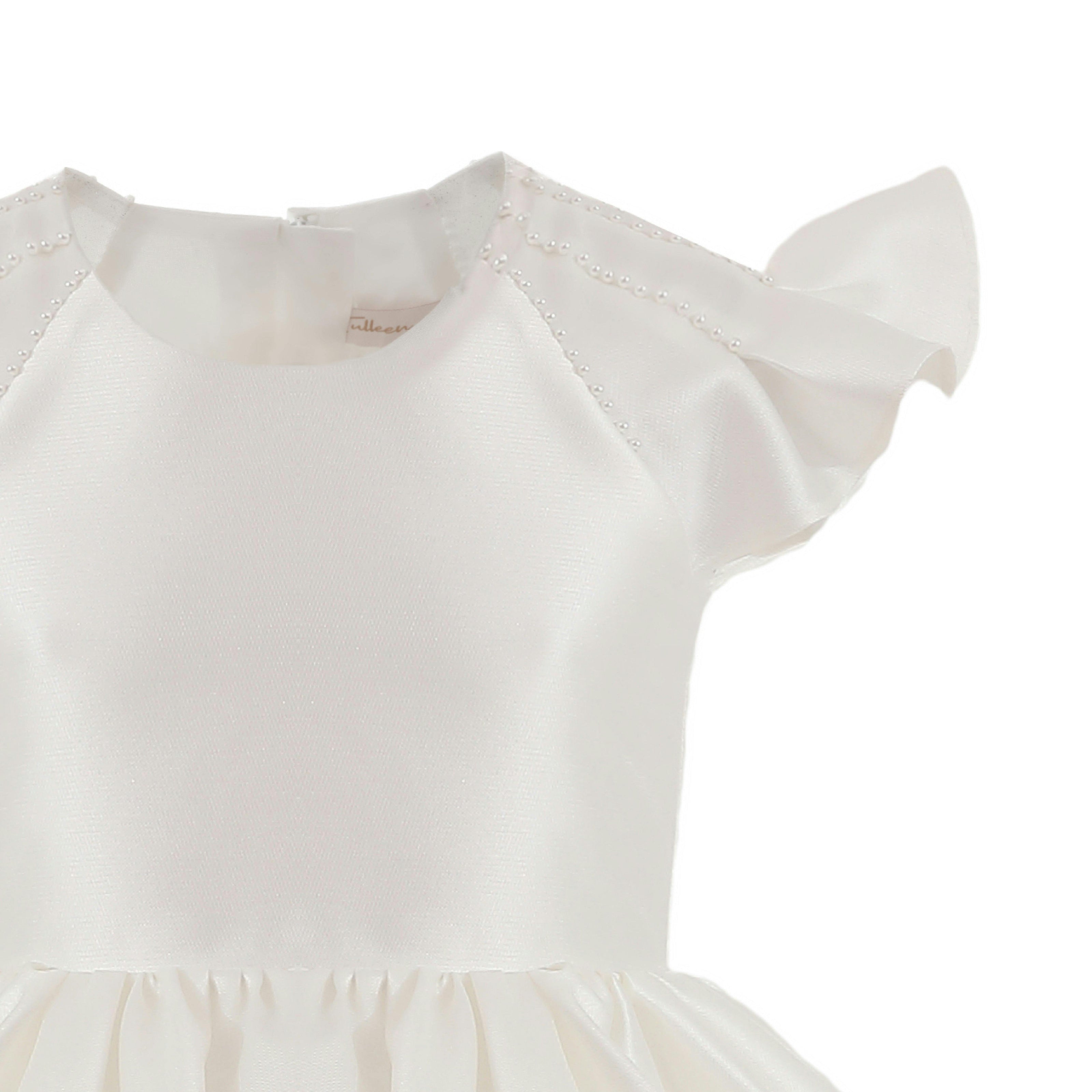 White Maravelle Satin Flutter-Sleeve Dress